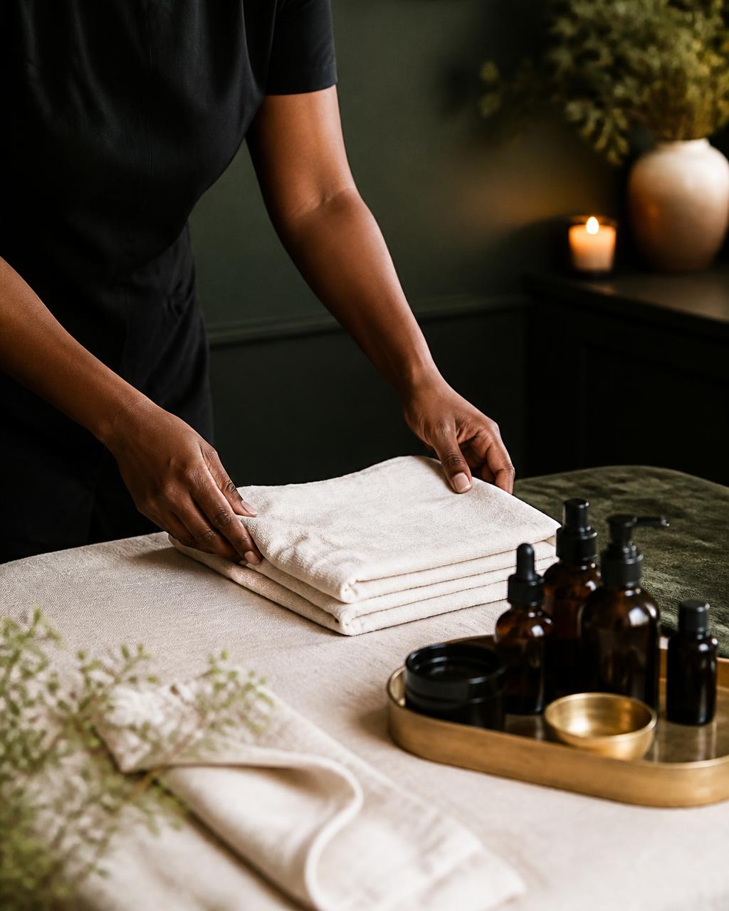 A practitioner preparing fresh spa linens for a treatment