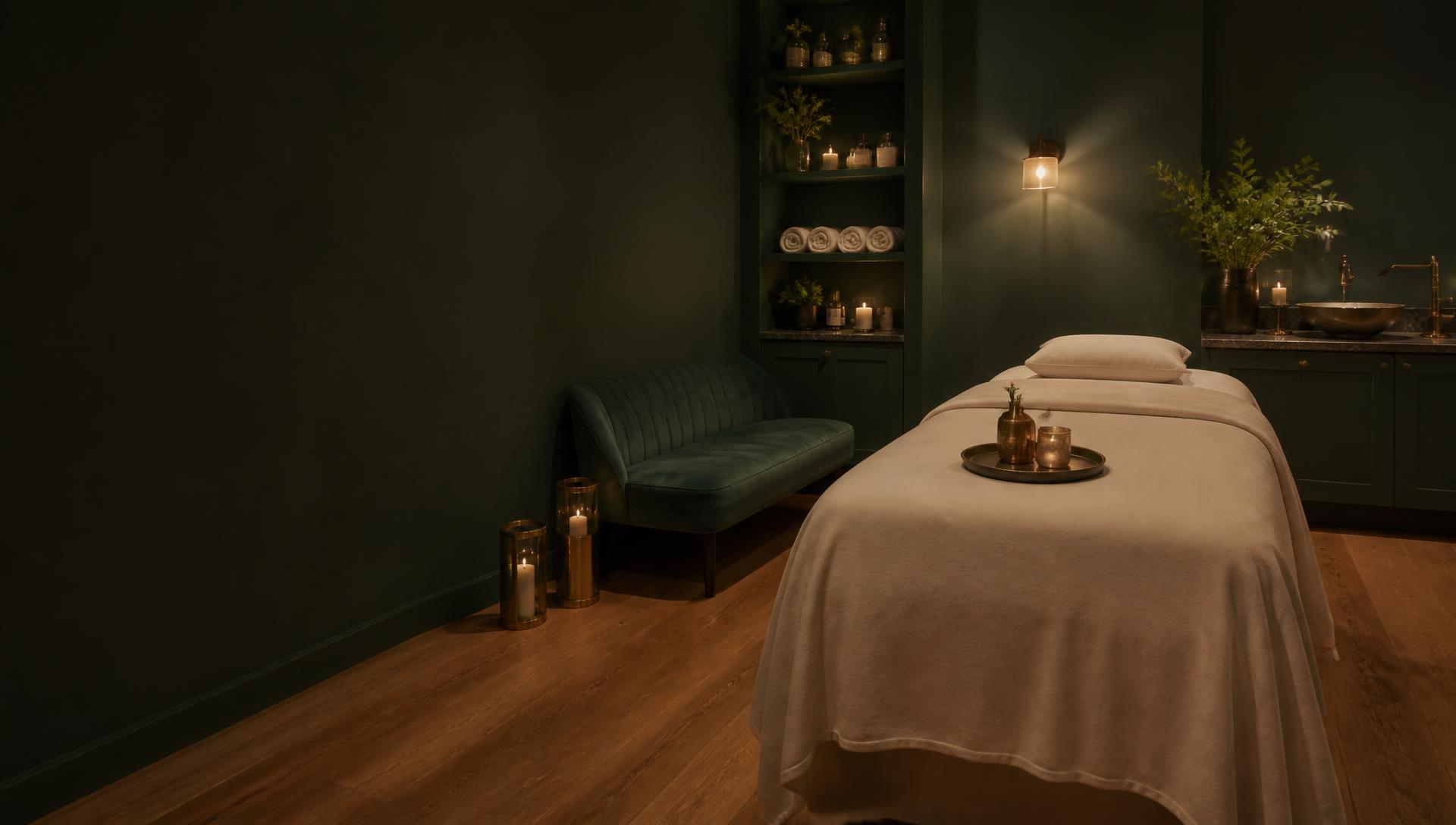 A candlelit forest-green treatment room with a massage bed